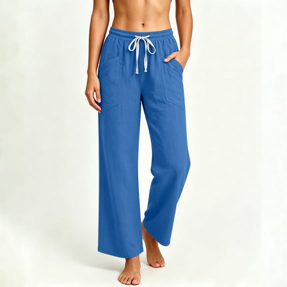 KIHOUT Womens Wide Leg Pants High Waisted Solid Color Casual Loose Fit Drawstring Elastic Waistband Trousers with Pockets Long Pants