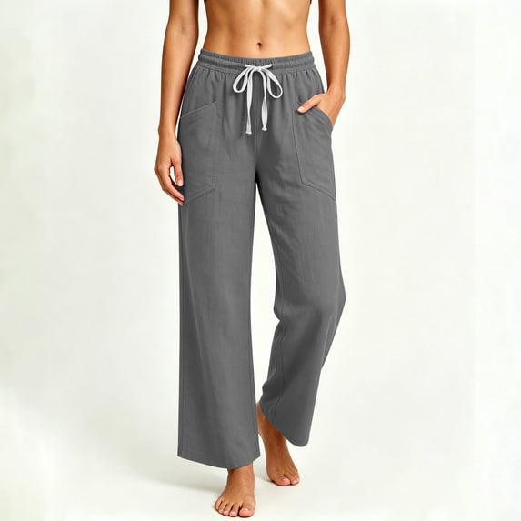 KIHOUT Womens Wide Leg Pants High Waisted Solid Color Casual Loose Fit Drawstring Elastic Waistband Trousers with Pockets Long Pants