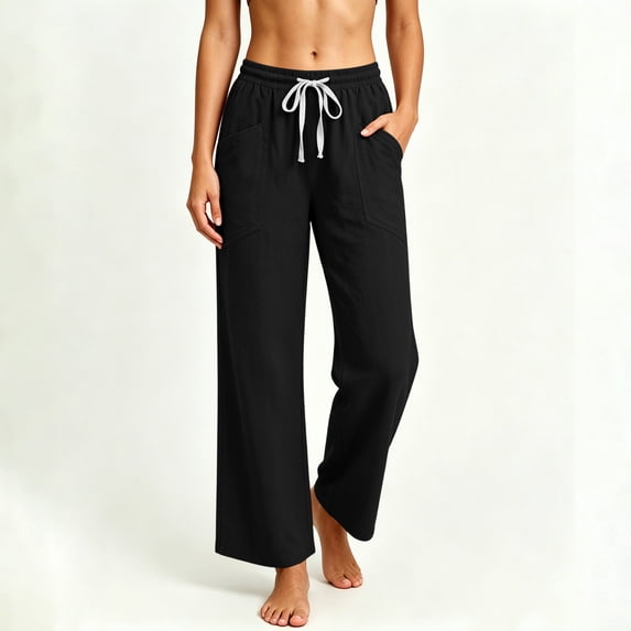 KIHOUT Womens Wide Leg Pants High Waisted Solid Color Casual Loose Fit Drawstring Elastic Waistband Trousers with Pockets Long Pants