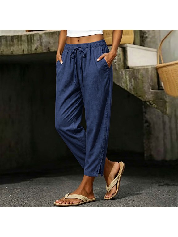 Womens Wide Leg Pants with Side Snap Buttons Drawstring Elastic Waist Loose Fit Casual Long Trousers with Pockets Solid Color Summer Beach Pants