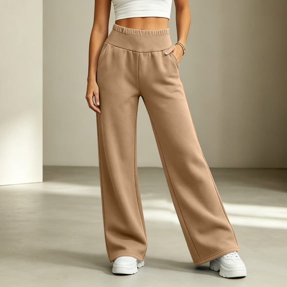 KIHOUT Womens Wide Leg Sweatpants with Pockets Elastic Waistband Solid Color Casual Lounge Pants Baggy Straight Leg Long Trousers