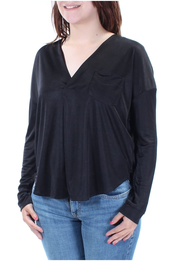 Womens Black Long Sleeve V Neck Hi-Lo Top Size: S