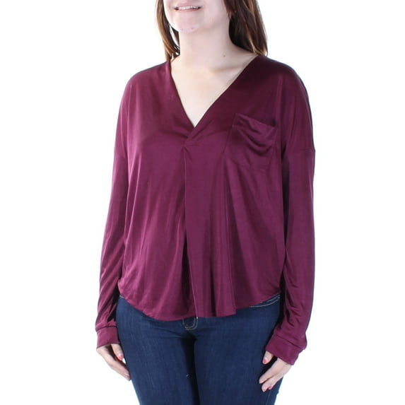 KIIND OF Womens Burgundy Pocketed Long Sleeve V Neck Tunic Top Size: S