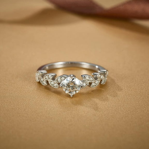 KIJ 0.62 Carat Round Cut Leaf Motif Moissanite Ring,14K White Gold Plated 925 Sterling Silver Hypoallergenic VVS1 Gra Certified Gifts for Women