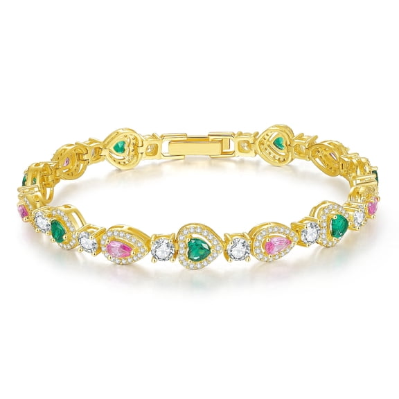 KIJ Heart and Pear Cut Multicolor Cubic Zirconia Tennis Bracelet, 14K Gold Plated Hypoallergenic Gifts for Men Women