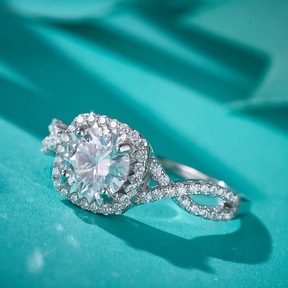 KIJ 1 Carat Round Halo Moissanite Engagement Ring for Women - Bridal Set in 14K White Gold Plated 925 Sterling Silver