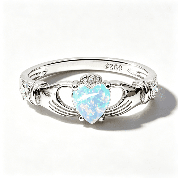 KIJ Heart Opal Ring,Irish Claddagh 925 Sterling Silver Rhodium Plated Hypoallergenic Gifts for Women