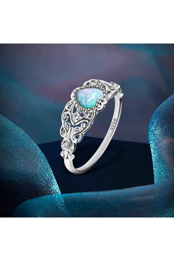 Celtic Knot Filigree Heart Opal Ring, Hypoallergenic 14K White Gold Plated 925 Sterling Silver Vintage Daily Jewelry Gifts for Women