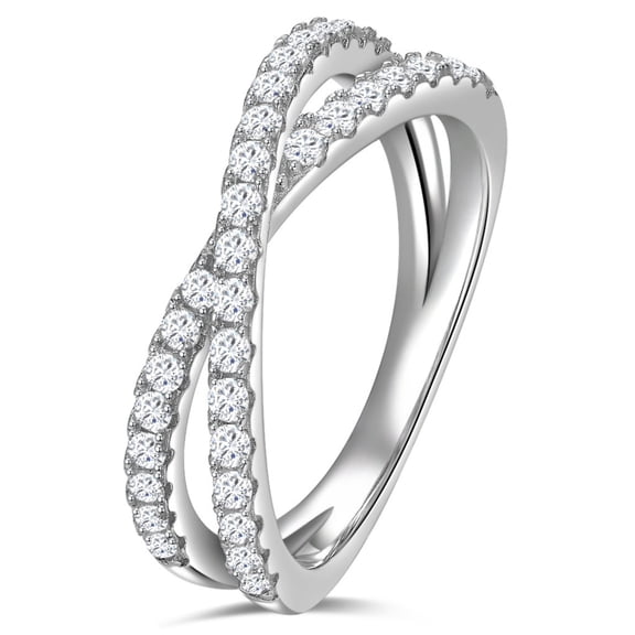 KIJ 0.53 Carat Round Cut Crisscross X-Shaped Moissanite Ring, D Color VVS1 GRA Certified Hypoallergenic 14K White Gold Plated 925 Sterling Silver Engagement Wedding Band for Men Women