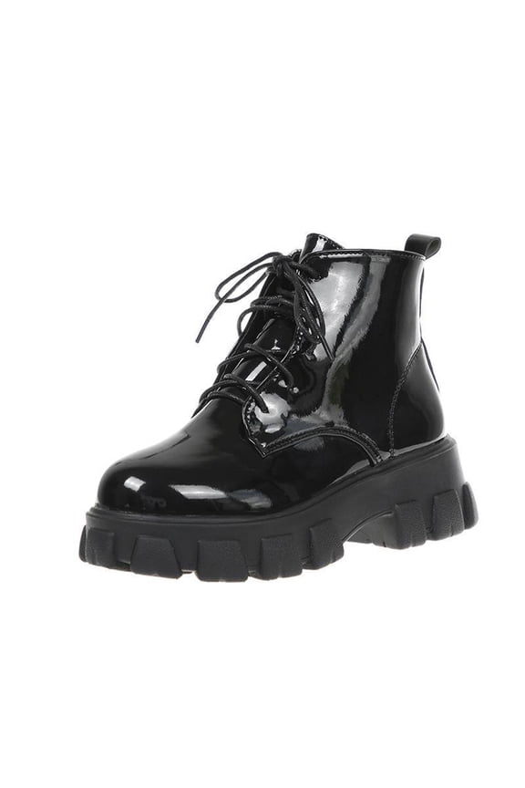 Women's Ankle Boots Gothic Punk Style Black Patent Leather Lace Up Chunky High Heels Autumn Winter Shoes Black 42