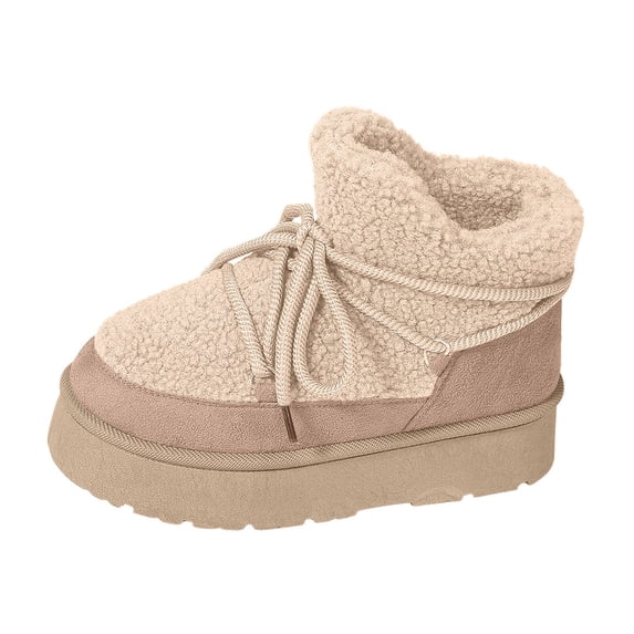 KIJBLAE Big Size Fleece Lined Lace Up Mid Calf Snow Boots for Women, Round Toe Solid Thermal Warm Cold Weather Footwear Beige 36