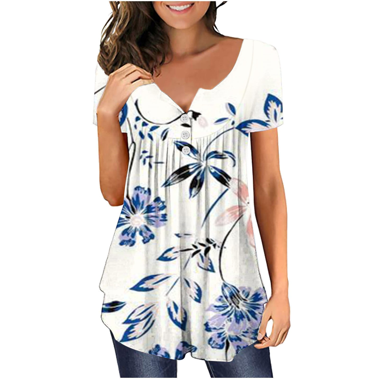 KIJBLAE Boho Shirts for Women Tummy Control Clothes for Girls Button V-Neck  T-shirt Floral Print Tops Short Sleeve Tees Pleat Flowy Tunic Blouses