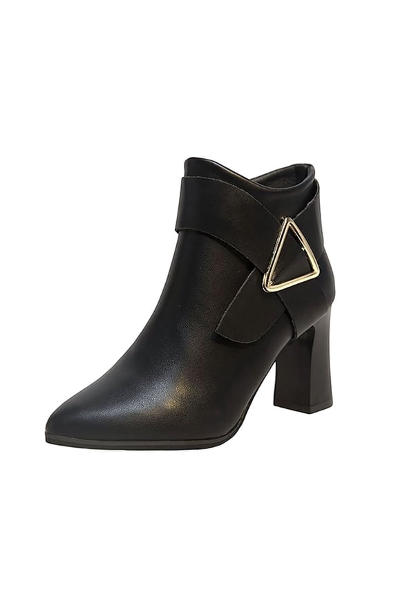 British Side Zipper Pointed Toe Slip On Chunky High Heel Ankle Boots for Women, Solid Soft Suede Fall Chic Footwear Black 36