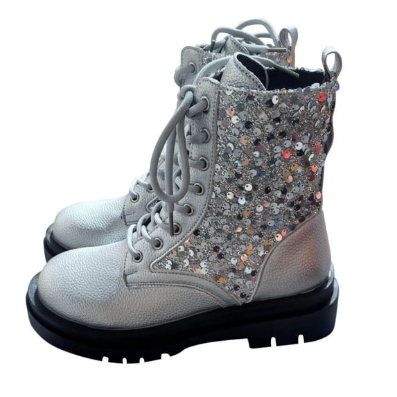 KIJBLAE British Vintage Glitter Lace Up Platform Low Heel Martin Mid Calf Boots for Women, Round Toe Solid Fall Chic Daily Footwear Silver 39