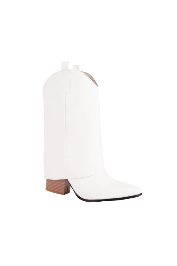 Chunky High Heel Pointed Toe Slip On Wide Calf Pants Boots for Women, Solid Smooth Faux Leather Party Footwear White 43