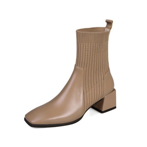 KIJBLAE Women's Fashion Pointed Toe Sock Boots Autumn Winter Stretch Fabric Concise Solid Color Office Ladies Shoes Chunky Heels Boots Khaki 35