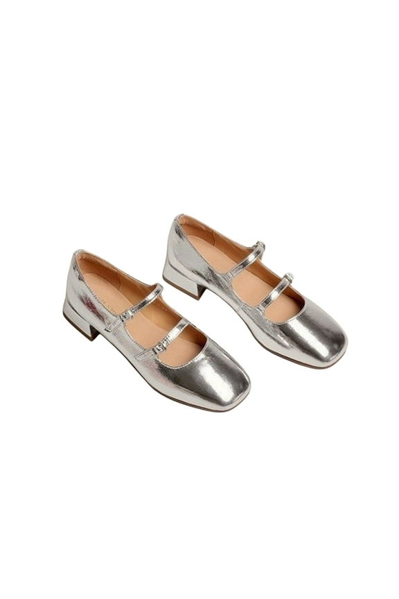 Women's Mary Jane Shoes Patent Leather Round Toe Buckle Strap Low Block Heel Pumps Chunky Retro Party Dress Shoes Silver 37