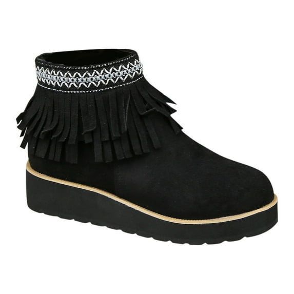 KIJBLAE Tassel Ankle Boots for Women Trendy Mid Mid Calf Boots Comfortable Suede Frosted Soft Sole Thick Wedge Heel Ankle Boots Black 42