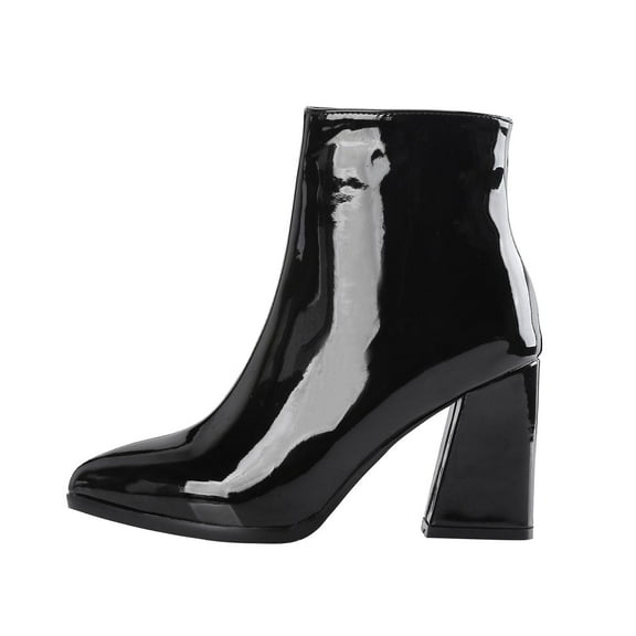 KIJBLAE Women's Ankle Boots Pointed Toe Block Heel Patent Leather Booties Chunky Heel Dress Boots Comfortable Elegant Party Office Work Shoes Black 38