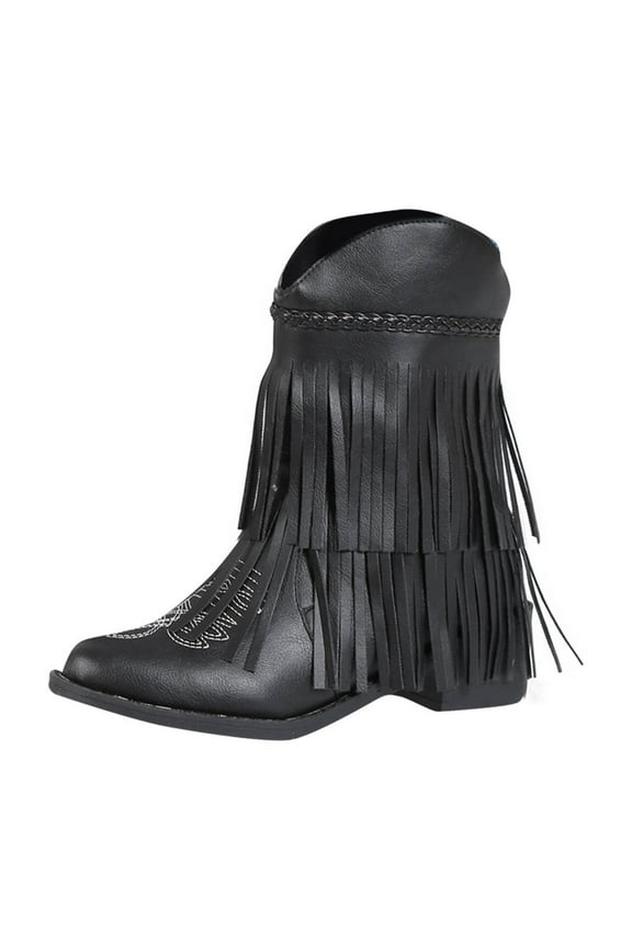 Women's Fringe Western Boots Wide Calf Riding Cowgirl Cowboy Boots Winter Boots Faux Leather Block Heel Ankle Boots Mid Calf Boots Black 39