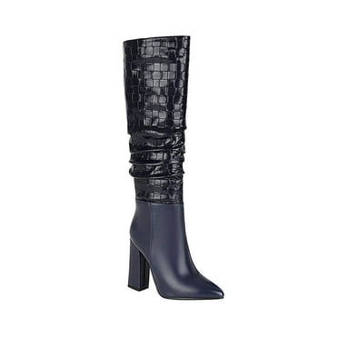 KIJBLAE Clearance Women's Knee High Boots Block Heel Pointed Toe Leather Boots Chunky Heel Over The Knee Boots Fall Winter Boots Blue 39