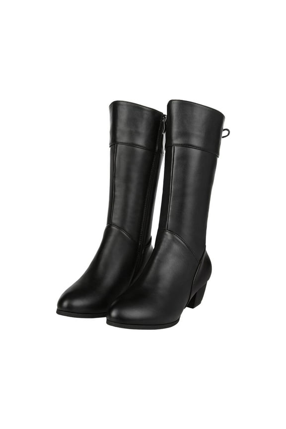 Women's Knee High Boots Faux Leather Winter Boots Round Toe Chunky Heel Side Zipper Warm Boots Fashion Boots Black 37