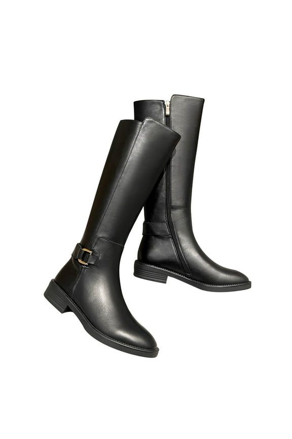 Women's Knee High Boots Leather Buckle Side Zipper Block Heel Boots Comfortable Round Toe Boots Over The Knee Boots Winter Fall Shoes Black 35