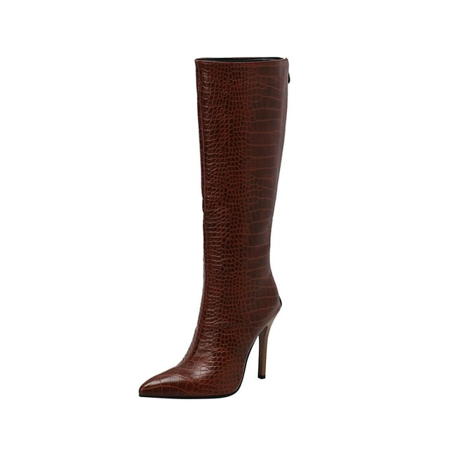 KIJBLAE Clearance Women's Knee High Boots Pointed Toe Stilettos Heel Zipper Closure Fashion Party Boots Comfortable Stylish Booties Wine 35