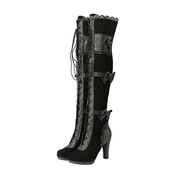 KIJBLAE Women's Lace Up Over The Knee Boots High Heel Bowknot Winter Warm Shoes Suede Leather Thick Heel Party Knee High Boots Black 35