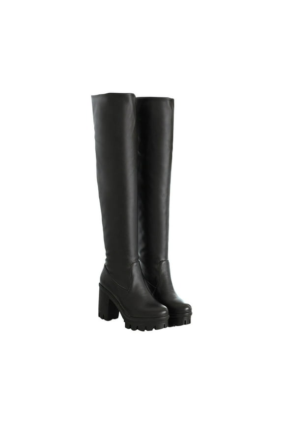 Women's Over The Knee Boots Chunky Heel Boots Faux Leather Thigh High Boots Winter Boots Black 43