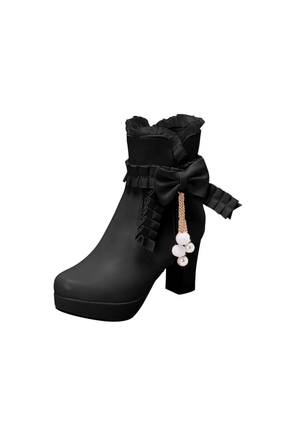 Women's Ankle Boots Chunky Heel Bowknot Buckle Zipper Boots Faux Leather Winter Warm Booties Dress Boots Black 41