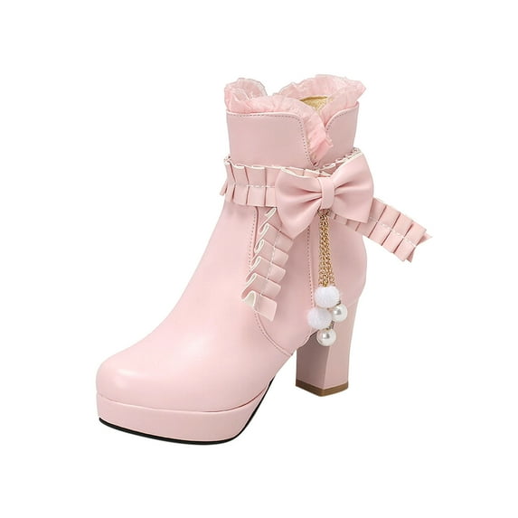 KIJBLAE Women's Ankle Boots Chunky Heel Bowknot Buckle Zipper Boots Faux Leather Winter Warm Booties Dress Boots Pink 42