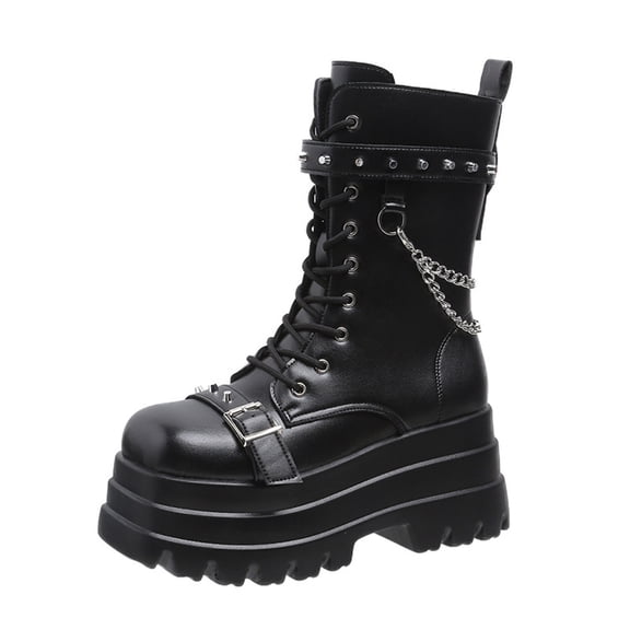 KIJBLAE Women's Punk Boots Goth Boots for Women Buckle Belt Boots Gothic Black Shoes Autumn Winter Motorcycle Boots Wedges Black 37