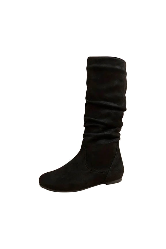 Women's Slouch Boots Suede Knee High Flat Boots Comfortable Pull on Mid Calf Boots Fashion Fall Winter Boots Black 37