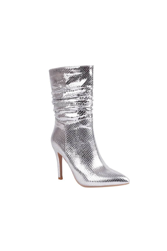 Women's Snake Print Pointed Toe Stilettos Heel Ankle Boots Pull on Shiny Faux Leather Party Mid Calf Boots Silver 45