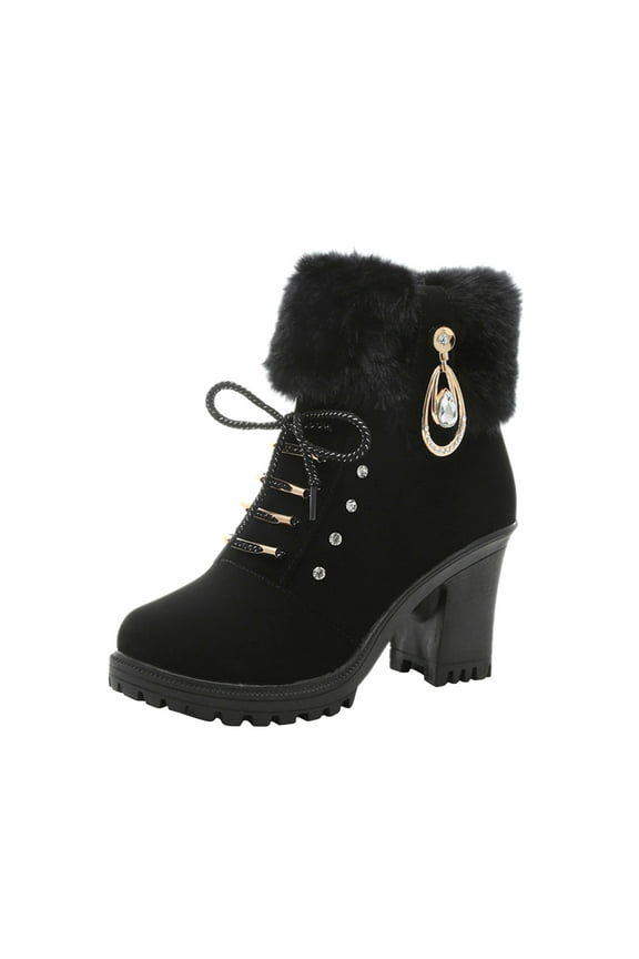 Women's Winter Boots Fuzzy Fleece Lined Ankle Boots Chunky Heel Lace Up Booties Warm Plush Snow Boots Fashion Shoes Black 42