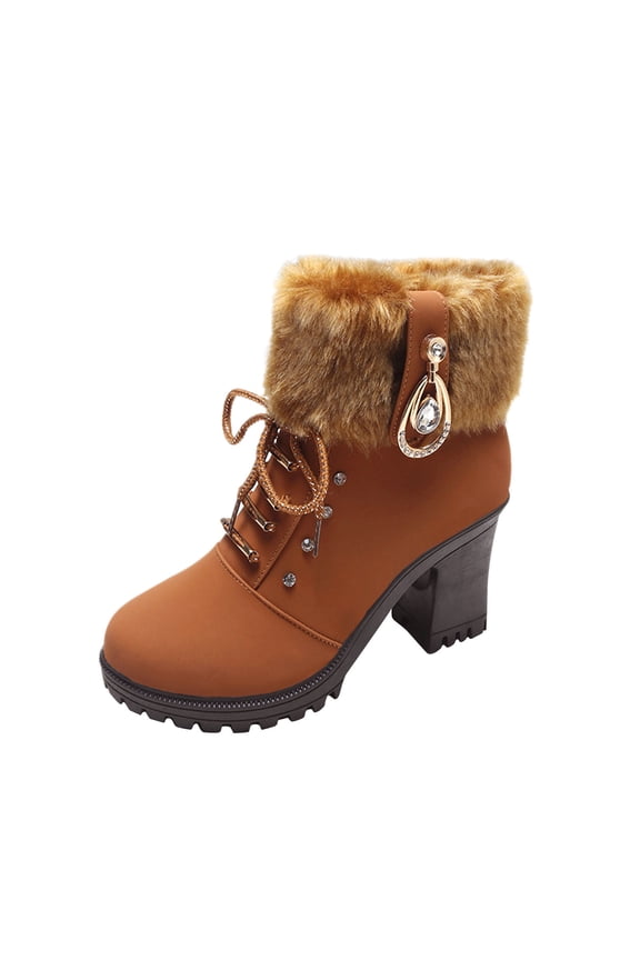 Women's Winter Boots Fuzzy Fleece Lined Ankle Boots Chunky Heel Lace Up Booties Warm Plush Snow Boots Fashion Shoes Brown 42