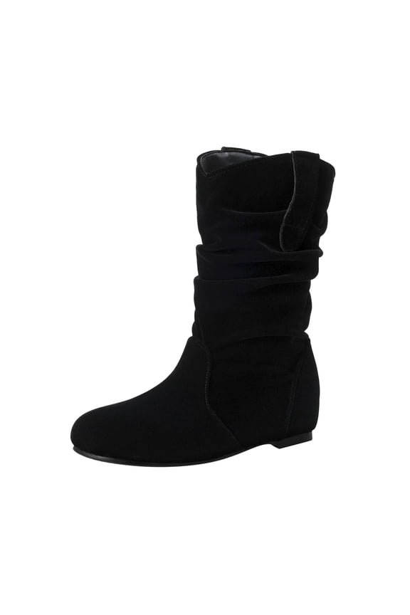 Womens Low Heel Mid Calf Boots Slouchy Suede Slip On Casual Boots with Side Zipper Comfortable Warm Slip On Non-Slip Fall Winter Boots Black 36