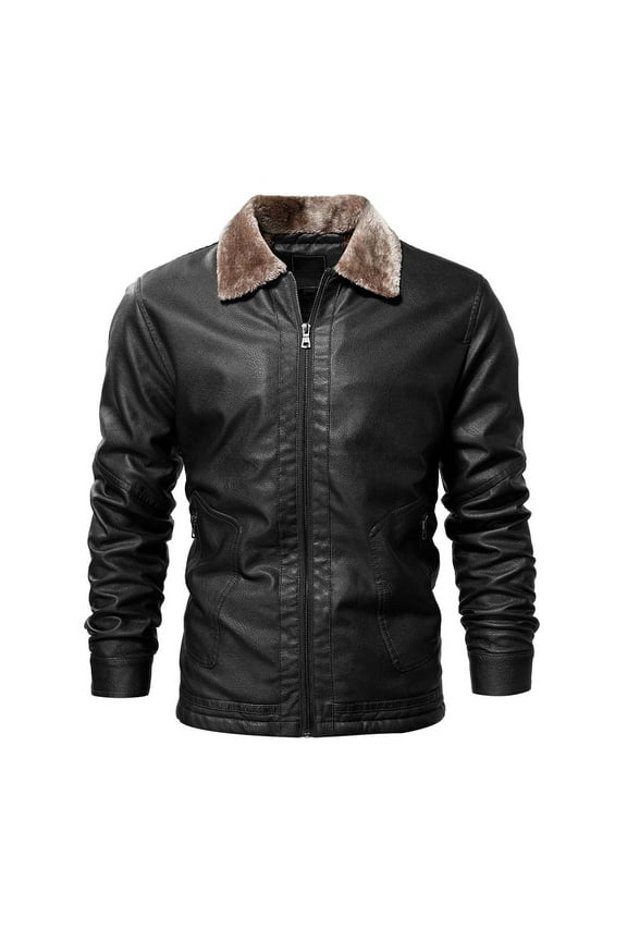 Clothing Leather Jacket Men's Warm Caot for Winter Shearling Bomber Jacket Stand Collar Fleece Lined Zip-Up Leather Jacket (Black,XXL )
