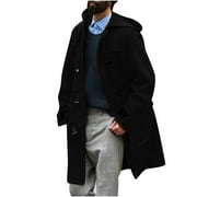 KIJBLAE Clothing Men's Warm Caot for Winter Trench Wool Duffle Lapel Pea Fall Windproof Thermal Mid Long Over Jacket with HoodBlack,L