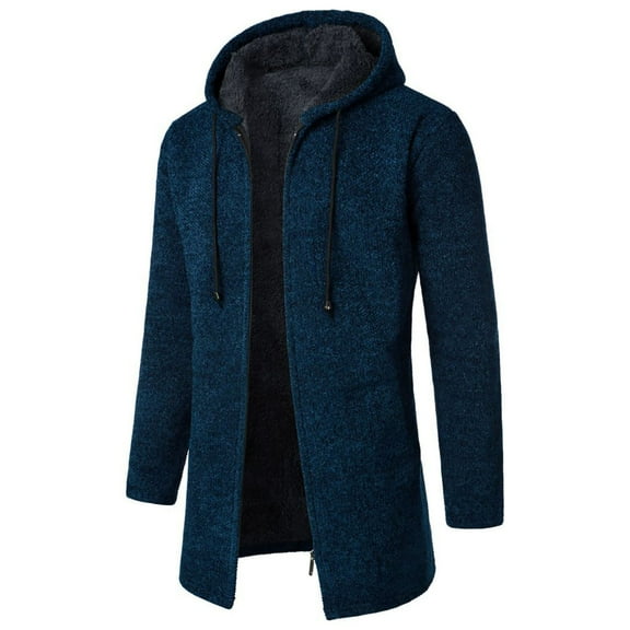 KIJBLAE Clothing Men's Warm Caot for Winter Wool Jacket Lined Thicked Overs Casual Medium Long Plush Fleece Hooded s(Blue,XXL )