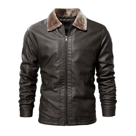 KIJBLAE Clothing Leather Jacket Men's Warm Caot for Winter Shearling Bomber Jacket Stand Collar Fleece Lined Zip-Up Leather Jacket (Coffee,XL )
