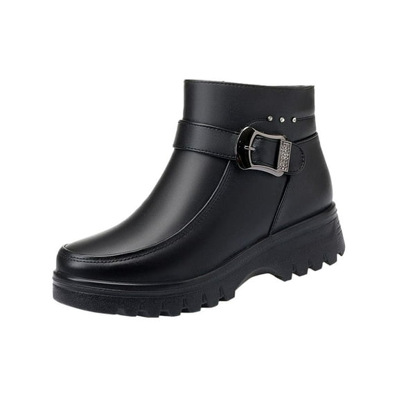 KIJBLAE Women's Buckle Ankle Boots Winter Warm Plush Lined Comfortable Short Boots Faux Leather Mid Calf Boots Non-Slip Snow Boots Black 41