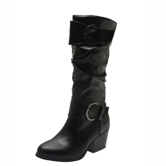 KIJBLAE Women's Knee High Boots Faux Leather Buckle Slouchy Flat Boots Side Zipper Fashion Comfortable Fall Winter Shoes Black 40