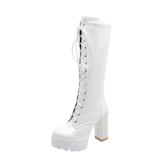 KIJBLAE Women's Lace Up Knee High Boots Chunky Heel Knee High Boots Faux Leather Buckle Boots Fall Winter Warm Comfortable Shoes White 40