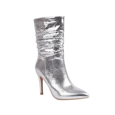 KIJBLAE Deals Women's Snake Print Pointed Toe Stilettos Heel Ankle Boots Pull on Shiny Faux Leather Party Mid Calf Boots Silver 35