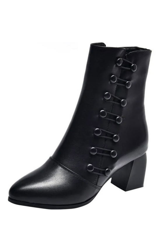 Womens Fashion Button Ankle Boots Solid Color Pointed Toe Side Zipper Chunky High Heel Boots Comfortable Casual Square Heel Short Booties Shoes Black 38