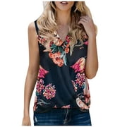 KIJBLAE Discount Tee Tops Cozy Clothing Sexy Slim Camisole Floral Printed Tee Casual Womens Summer Sleeveless Vest Tank Tops for Women V Neck Shirts for Teen Girls Black S