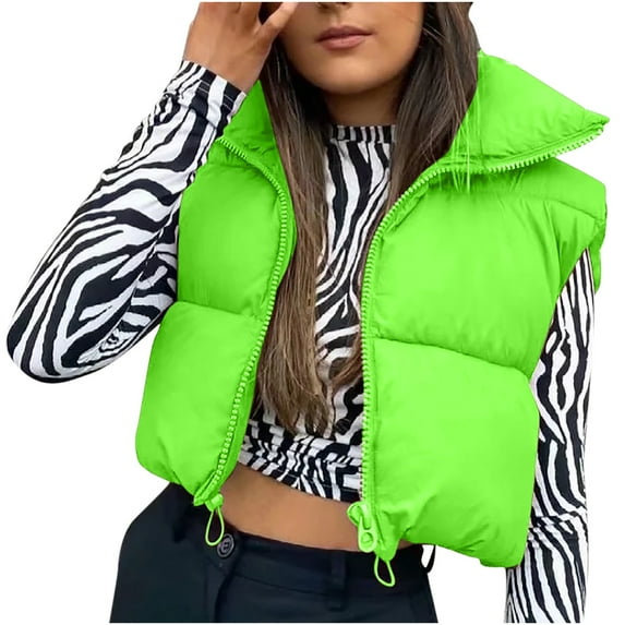 KIJBLAE Discount Women's Crop Puffer Vest Winter Zip Up Lightweight Sleeveless Warm Outerwear Padded Coat High Neck Zipper Down Vest Green S