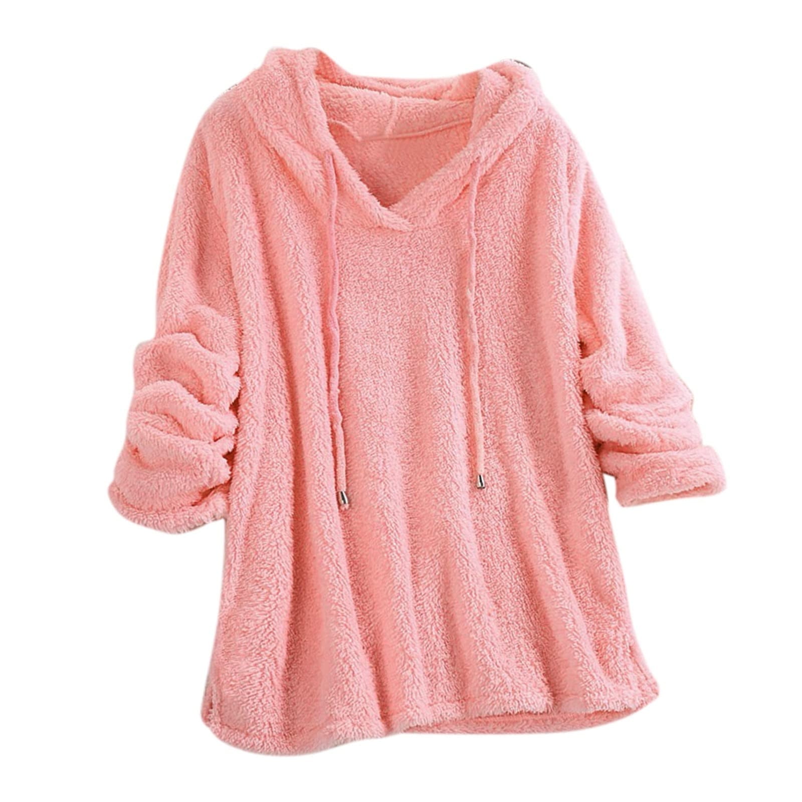 KIJBLAE Discount Women's Fall Warm Winter Hoodie Trendy Sherpa Fleece  Sweatshirts Casual Solid Oversized Pullover Fuzzy Pajama Tops Pink L
